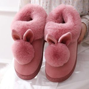 Chaussons d’Hiver Lapin Pompon – Pantoufles Douces et Chaudes d’Intérieur