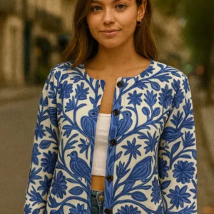Gilet Femme Élégant à Motif Fleuri et Col Rond