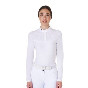 Polo de compétition femme manches longues Equestro – Polo ajusté respirant avec strass