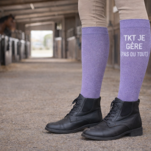 Chaussettes d’Équitation Paillettes à Slogan – Qualité Premium – Tkt je gère (pas du tout)