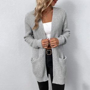 Gilet femme en maille – Long cardigan ouvert avec poches