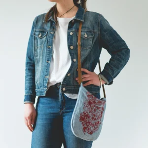 Sac bandoulière jeans bleu pâle imprimé paella en rouge